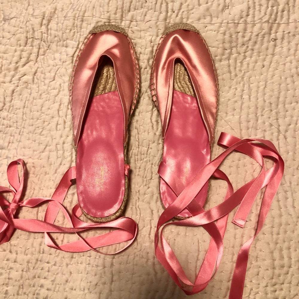 Delman Pink Satin Espadrilles with Ribbon Ties